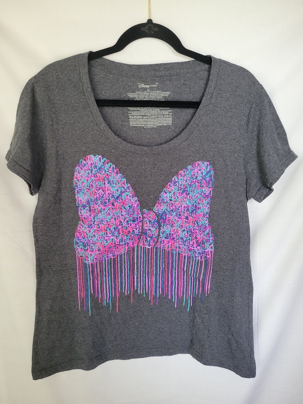 Disney Women's Gray Tee with Pink & Blue Drip Bow Graphic